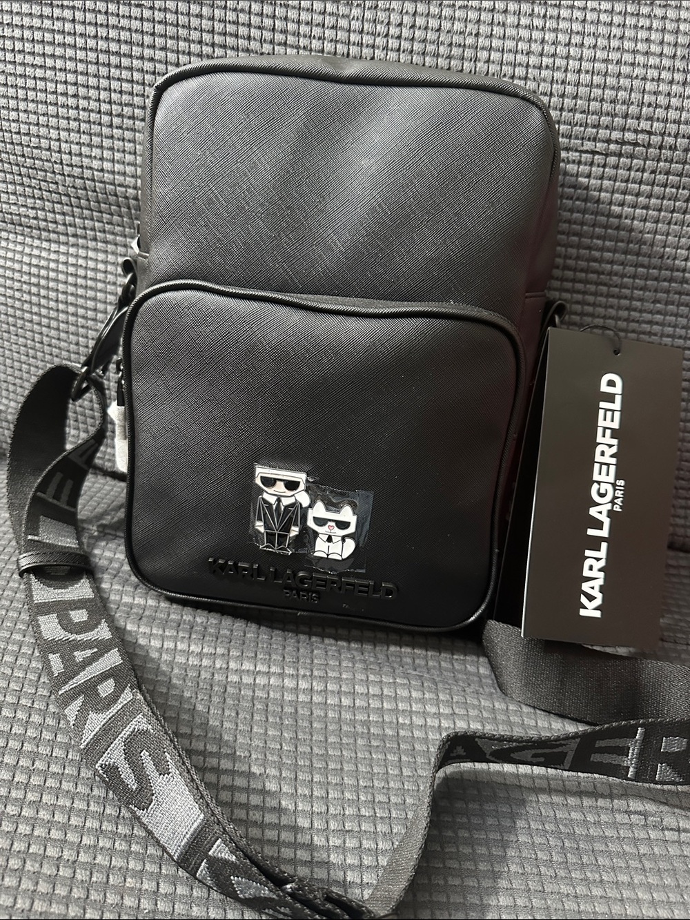 Karl Lagerfeld Black Textured Messenger Crossbody with Character Patch